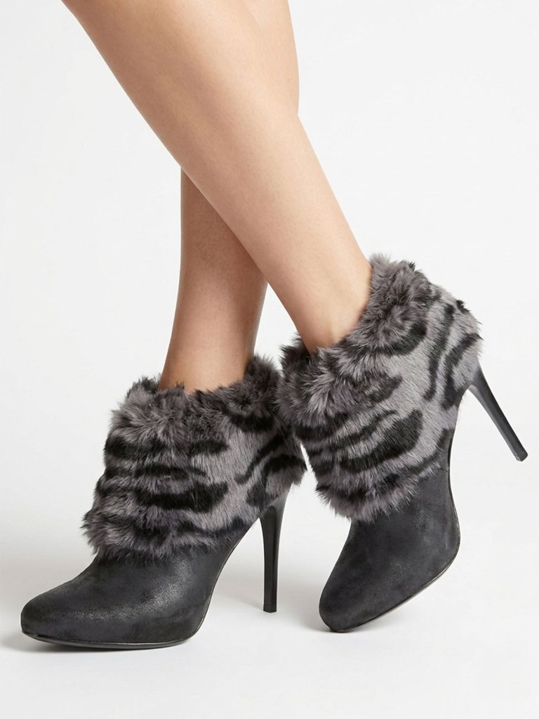 Donald J Pliner Eli Suede Animal Print Fur Cuff Ankle Boots Booties Black Grey 8
